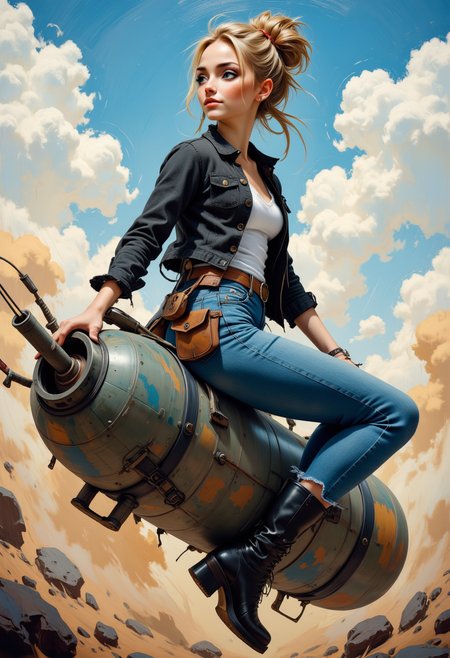 profile headshots, She is approximately 18 years old, full body view, dynamic angles, multiple angles, photoshoot poses; A photo of Cynthia, is painted in a realistic style. She is wearing a blue shirt and a black jacket, blue jeans and black boots,and her hair is in a bun. she is riding on a bomb, that is falling through the sky,  The painting captures her smiling expression and the details of her outfit. which adds to the focus on the girl's face and her outfit. The overall composition is a beautifully rendered portrait of a young girl. 32k UHD, expressive eyes, punk, graphic design, girl's face, pretty and cute, gleaming lips, telling a tale of adventure. Exuding confidence and serenity. The overall mood of the image is happy and relaxed,detailed skin texture,(blush:0.2),(goosebumps:0.3),subsurface scattering,with a playful and whimsical tone, aidmaHyperrealism, aidmarealisticskin,Niji style,