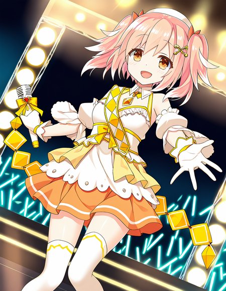 masterpiece, best quality, newest, absurdres, highres, safe, 1girl, fumino sayuki, magia record: mahou shoujo madoka magica gaiden, solo, holding microphone, smile, stage, glowstick, dutch angle, <lora:fumino_sayuki_noobaiXLNAIXL_vPred10Version:0.7>