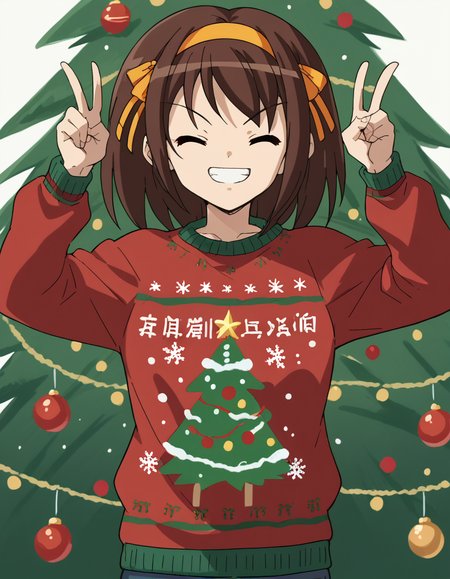 score_9, score_8_up, score_7_up, source_anime, <lora:haruhi-suzumiya-s1-ponyxl-lora-nochekaiser:1>, haruhi suzumiya, short hair, brown hair, hairband, medium hair, ribbon, hair ribbon,, <lora:christmas-sweater-ponyxl-lora-nochekaiser:1>, christmas sweater, christmas, ugly sweater, print sweater, red sweater, christmas tree, christmas ornaments, sweater, multicolored sweater, , v, smile, hands up, teeth, closed eyes, cowboy shot,
