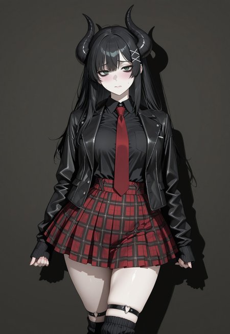 white blackground,simple blackground,1girl, long hair, pure black hair, succubus, curved horns, pale skin, dark circles under eyes, green eyes, x hair ornament, plaid skirt, shirt, black shirt, leg warmers, red necktie, black jacket, collared shirt, sleeves past wrists,,standing like a model,sad demeanor, blushing subtly, perfect curvy figure, perfect curvy figure, thigh , sexy, high-end fashion, elegant and seductive pose, high quality, masterpiece, highly detailed, intricate details, ultra-detailed, photorealistic