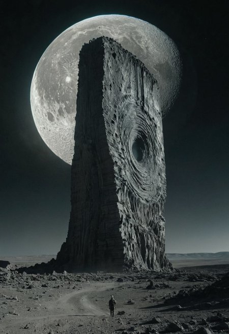 surface of a desolate moon, observing an immense alien monolith that’s emitting an eerie, pulsating light.
cinematic. cinematic, still, artistic. 