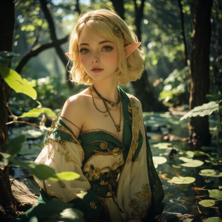 The image is a high-resolution Anime art of a woman standing in a serene, sunlit forest pond. She is an elf-like character with fair skin, a petite yet athletic build, and short, styled blonde hair adorned with a gold circlet. She has pointed ears, a distinctive feature of her elven appearance. She wears an intricate, ornate outfit that is a mix of dark green and white fabrics with gold accents with her bare breast out, z3ld4, The lighting enhances her features, creating a soft interplay of light and shadow, while the high-resolution quality captures every detail with photorealistic clarity