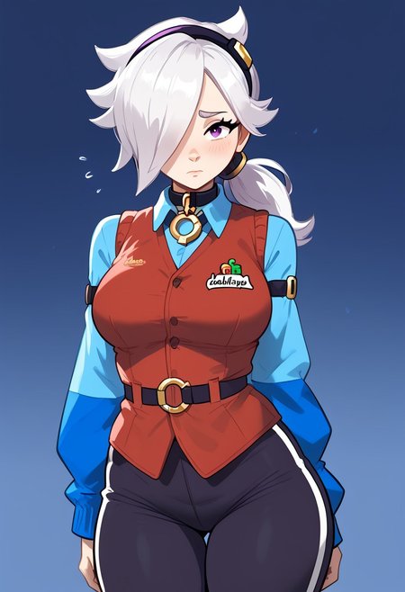 score_9, score_8_up, score_7_up, FluffyLewdsStyle,
bscolette  , 1 girl , white hair,  , ponytail,  collar , red vest , blue shirt ,  long sleeves,  purple pants,  hair over one eye,  hairband, sleeves past fingers,
,large breast, huge breast, big thighs, big ass, curvy, skinny, pretty, shy, look at viewer , sexy pose,