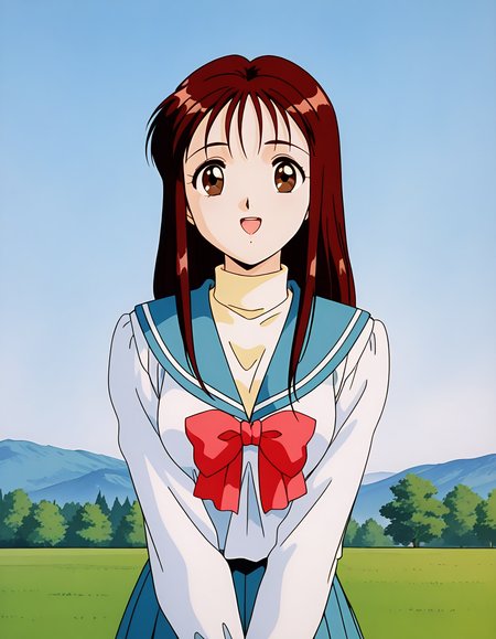 general,highres, ultra-detailed,very aesthetic,best quality ,best hands,  BREAK <lora:Arisa_Seijuden_IS:1> Arisa, 1girl, solo, long hair, bangs, brown hair, red hair, brown eyes, breasts, 1990s \(style\),anime coloring,
solo, school uniform, serafuku, sailor collar, long sleeves, skirt, open mouth, smile, blue sailor collar, bow, :d, blue skirt, (
winter uniform, red bow, pleated skirt, simple background, shirt, white shirt, bowtie, upper body, looking at viewer, turtleneck, v arms,
day,  sky, grass,