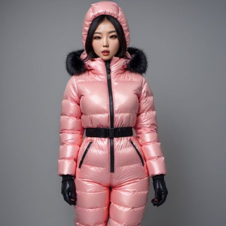 one asian short women wearing a opaque  latex downsuit puffer_downsuit , hyperdetailed photography,4k textures,intricate details,4k resolution,  <lora:puffer_downsuit_v1> Hood over head, restrained, mittens, full body shot