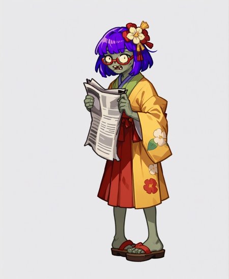 score_9, score_8_up, score_7_up, score_6_up,solo,solo focus,full body,
<lora:[Pony]PVZZ-20240629-1428:1>pvzz,zombie, holding newspaper,
<lora:akyuu.pony:.9> akyuu,purple hair, yellow kimono,red_skirt,  hair flower,
.white background,cartoon ,glasses