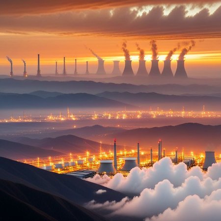 a dense layer of gray clouds illuminated in red from above, a small golden sun, light gray mountains in the distance on the horizon among which power plants can be seen, closer gray mountains on the horizon among which power plants can be seen, black mountains on the horizon among which power plants can be seen,