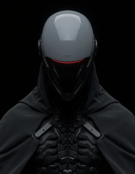 cinematic film still CYBER_CORE_UT 
sharp photo of a close-up of a futuristic-looking helmet with a unique design. The helmet is white with a black visor that covers the entire face. The visor has a red line running across it, creating a striking contrast against the white helmet. The front of the helmet is covered in a gray cape that is draped over the back of the person's body. The cape has multiple rows of black metal panels that are attached to the sides of the cape. The panels are arranged in a symmetrical pattern, with the top panel being the largest and the bottom panels being the smallest. The background is completely black, making the helmet and cape stand out. The overall mood of the image is dark and mysterious.
<lora:CYBER_CORE_UT:0.75> . shallow depth of field, vignette, highly detailed, high budget, bokeh, cinemascope, moody, epic, gorgeous, film grain, grainy