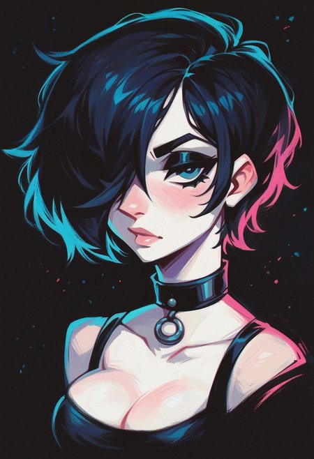 score_9, score_8_up, score_7_up,  pastels drawing, pale white skin:1.3, gothic, choker, medium breasts, black latex top, white skin, black hair, black background, adult, short hair, hair over eye, black eyeshadow