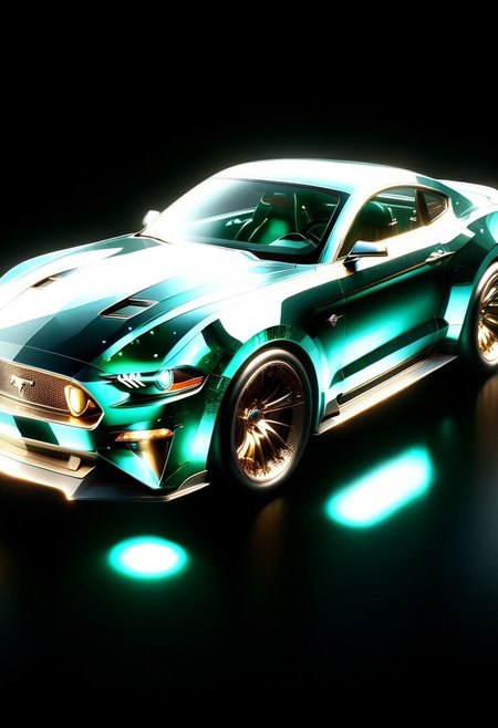 A futuristic car made entirely of transparent crystal that has  hints of a 1966 Ford Mustang convertible. It is  entirely made out of transparent glass crystal, ultra detailed, enhanced, prismatic colors, render, CRU, sharp, 8k, octane render, cinema 4d, blender, dark, atmospheric 4k ultra detailed, cinematic, Sharp focus, big depth of field, Masterpiece, colors, 3d octane render, 4k, concept art, hyperrealistic, Vivid colors, extremely detailed 8k wallpaper, Intricate, High Detail. Car has square LED headlights, a glowing LED Ford mustang  emblem. LED running lights  Car is in a futurist high tech dealer showroom on a circular platform that is lit from below. The car has several spotlights on it which only enhance the crystal.  camera is looking down and sideways as the car. emeraldmorph