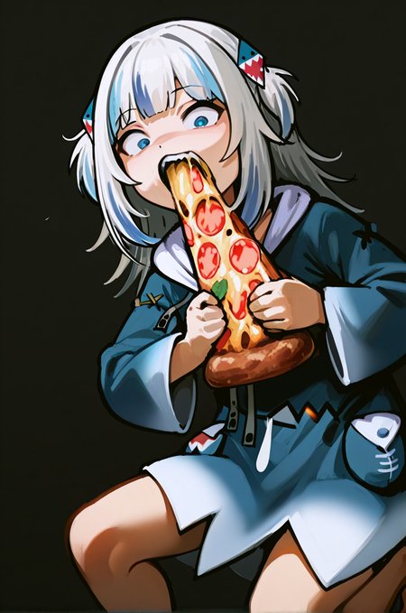1girl, gawr gura \(1st costume\), hololive, sdhs, holding, holding food, holding pizza, pizza, eating, biting, black background, bare legs,  looking at viewer, hood down, feet out of frame, wide-eyed,   simple background, masterpiece, best quality, latest <lora:sdhs:1>