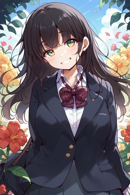 score_9, score_8_up, score_7_up, score_6_up, 
 <lora:Marost:1> marost, 1girl, solo, flowers, smile, long hair, black hair, bow, school uniform, jacket, red bow, bowtie, shirt