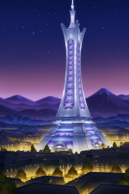 anime, animification, anime screencap, anime coloring, vivid colors, depth of field, high quality, highres, lumiose city, outdoors, ((sky)), tree, no humans, night, building, star, prism tower, tower, night sky, scenery, starry sky, mountain, city, cityscape, landscape, city lights
 <lora:Lumiose_city-10:1>