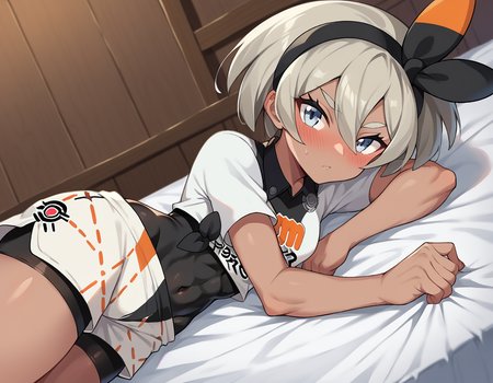 score_9, score_8_up, score_7_up, source_anime,
pokemonbea, <lora:pokemon-bea-ponyxl-lora-nochekaiser:1>
pokemonbea, blue eyes, dark skin, dark-skinned female, grey hair, hair between eyes, short hair, ribbon, hair ribbon, hairband, black ribbon, black hairband,
bodysuit, covered navel, shorts, single glove, glove, crop top, white shirt, short sleeves, collar, white shorts,
indoors, bed, bed room, on side, blush, drunk,
looking at viewer, cowboy shot, dutch angle,