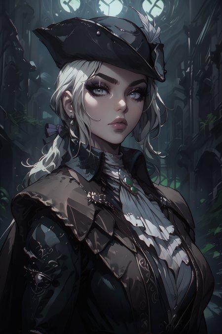 <lora:add-detail-xl:3> score_9,score_8_up,score_7_up,score_6_up, volumetric lighting, dynamic shading, 1woman, sexy, seductive, alluring, mature, thick eyebrows, thick eyeliner, dark eyeshadow, full lips, lips parted, huge breasts, looking at viewer,
BREAK
<lora:GLSHS-3e:1> GLSHS,     <lora:Lady_Maria_of_The_Astral_Clocktower_-_Bloodborne:1> Lady Maria, White hair, grey eyes, tricorne, gloves, hat feather, ascot, ponytail, cape,