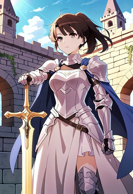 safe_pos, 1girl,katomegumi,brown hair,brown eyes, pupils,medium breasts,ponytail, short hair, 

medieval fantasy theme, standing in a sunlit castle courtyard, wearing a royal knight outfit with silver armor and a flowing blue cape, holding a beautifully crafted sword resting on her shoulder, wind gently blowing her cape, serious yet noble expression, stone castle walls and banners in the background, ivy climbing the stonework, golden light creating a heroic and majestic atmosphere, detailed armor design, mid-angle perspective, cinematic epic tone,

masterpiece,best quality,high quality,good quality,newest,((detailed eyes))