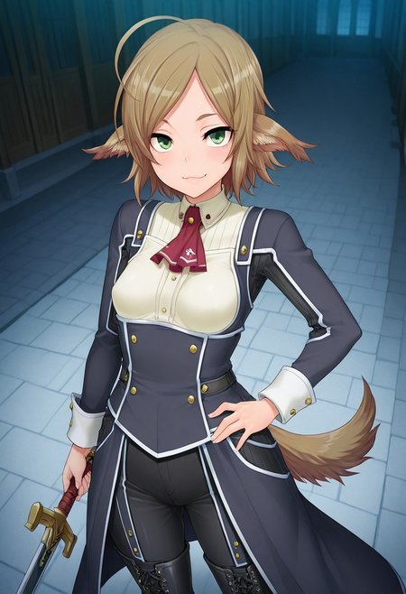(1girl, solo) noa riads, animal ears, Green Eyes, tail, brown hair, short hair, Pretty eyes, , 1girl, solo,, brown hair,, fluffy tail, ahoge, animal ears, dog ears, small breasts, swept bangs , green eyes, animal ears, tail, , ,
Eye focus , shiny skin, shiny body, shiny hair, (best quality) , (highly detailed) ,((masterpiece)), ((best quality)), (ultra-detailed), ((extremely detailed)), (high resolution), 4K, (8K), best quality, (beautiful), (dynamic lighting), (super detailed skin), sharp focus,detailed eyes、detailed face and detailed skin detailed eyes、detailed face and detailed skin,  , clear skin, shiny hair, ultra detailed eyes, depth of field, sharp, intricate details, hyperdetailed, , 
, best quality, (beautiful), (dynamic lighting)  (standing, 3/4 view), perfect face, beautiful face, defined cheekbones, defined jawline, confident expression, narrow eyes, one hand on hip, perfect hands, black coat with decorative golden symbols, black leather underbust corset, black trousers, black boots, sword, sword on hip,
  ,, shindol style