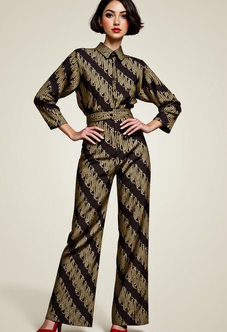 A beautiful woman with shiny skin wearing a loose-fitting pants featuring Batik_Parang pattern.  The pants are made from a fabric featuring a traditional batik pattern. The pattern consists of Batik_Parang pattern, traditional batik design with a diagonal flowing pattern, white within dark brown combination. She is also wearing a long sleeves shirt with high collar, the shirt is full of Batik_Parang pattern, traditional batik design with a diagonal flowing pattern with the coloring of black within gold combinations. she is standing elegantly, her hands on hips. her pose is seducing.
