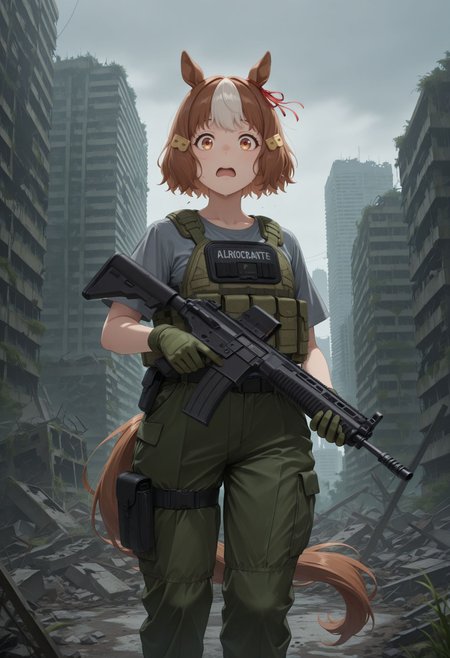 masterpiece, best quality, amazing quality, very awa,absurdres,newest,very aesthetic, looking at viewer,
 , <lora:Berno illu:1> 1girl, brown hair, white hair, multicolored hair, short hair, animal ears, horse girl, horse tail brown eyes, hair ornament,  bulletproof vest, chest harness, grey shirt, short sleeves, green gloves, green pants, cargo pants, thigh strap, thigh pouch, outdoors, grey sky, city, abandoned, debris, holding gun, assault rifle, post-apocalypse, ruins, skyscraper, overgrown, confused, wavy mouth, open mouth
