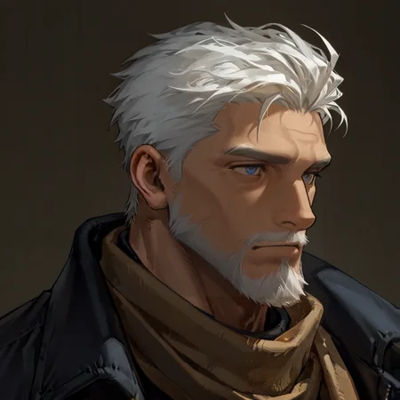 <lora:Igor_ÐÐ³Ð¾ÑÑ__Reverse1999:.75>, Igor (ÐÐ³Ð¾ÑÑ), White hair, blue eyes,, Black windbreaker, brown scarf, open clothing,
(very short hair, beard, bara, mature, facial hair, stubble, beard, full beard, sideburn, beard, a lot of beard, ), facial hair,male focus, muscular male, muscular male, bara, mature,  bara, mature, aixiwuganda_(20222192), very awa, masterpiece, best quality, absurdres, newest, perfect quality, detailed background, intricate details,
<lora:slider_Body Type_alpha1.0_rank4_noxattn_last:3><lora:Anime Summer Days 2 Style SDXL_LoRA_Pony Diffusion V6 XL:.6><lora:slider_cfg_scale_boost:.7><lora:Artist6p:.55>, Artist6p, Artist04p,<lora:slider_il_brightness_slider_d1:-1><lora:slider_il_contrast_slider_d1:-1><lora:slider_DarkSlider1.2_alpha1.0_rank16_full_300steps:-.6>