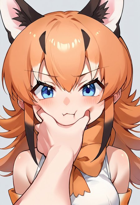 score_9, score_8_up, score_7_up, source_anime, 1girl, povcheekgrabbing, solo focus, hand on another's face, caracal (kemono friends), animal ears, animal ear fluff, orange hair, tail, blue eyes, long hair, multicolored hair, white shirt, sleeveless shirt, orange skirt, skirt, orange bowtie, elbow gloves, bare shoulders, thighhighs, shoes,