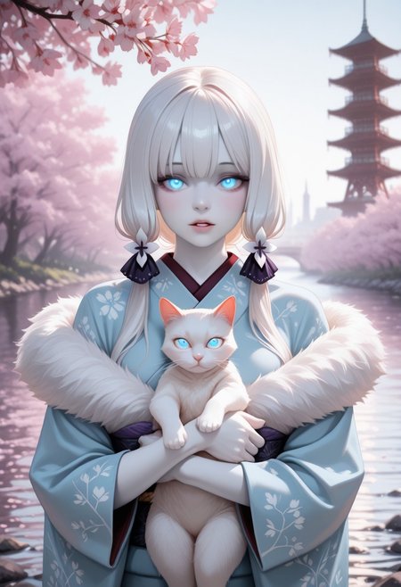 lazypos, perfect anatomy, absolutely eye-catching, ambient occlusion, amazing quality, best quality, very awa,
1girl, solo, Blushing, long hair, white hair, collored skin, white skin, pale skin, looking at viewer, parted lips, blonde hair, blue eyes, glowing eyes, cute, kimono, off shoulder's kimono, light blue kimono, fur trimmed kimono, holding cat, white cat, Cherry blossom tree, tower, river,
 <lora:super_secret_lora_not_released:2> <lora:TrendCraft_The_Peoples_Style_Detailer-v2.3I-4_15_2025-Illustrious:0.4>