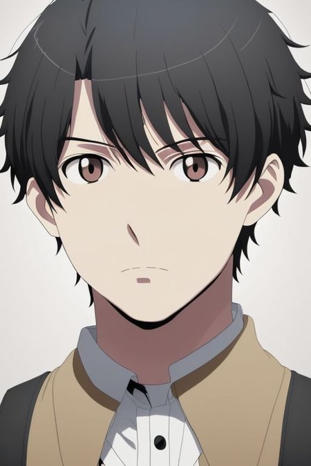 high resolution, solo, best quality, 1Boy, Inaho Kaizuka, Black Hair, portrait, looking at viewer, focused gaze forward, upper body, plain background, head upright, neutral expresion, OverallDetail