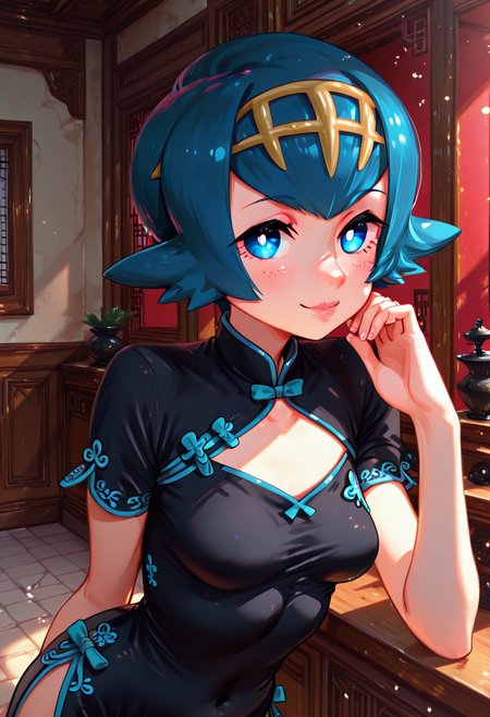 masterpiece, best quality, 1girl, solo, eyelashes, (beautiful eyes), curvy,   (upper body:1), (leaning forward, delicate lips, slightly pink lips), looking at viewer,   zzLana, blue eyes, short hair, bright pupils, bow, short sleeves, black dress, chinese clothes, china dress, smile, looking at viewer, pretty background,     <lora:ShamonabeLana_IXL_v2:1.0>,  <lora:FluxieStyle_IXL:1.0>,