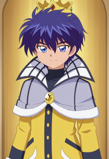 masterpiece,best quality,amazing quality, source_anime, retro artstyle,
sheido, 1boy, male focus, solo, blue eyes, blue hair, crown, shirt, black shirt, turtleneck, capelet, grey capelet, coat, yellow coat,  smile,
indoor,