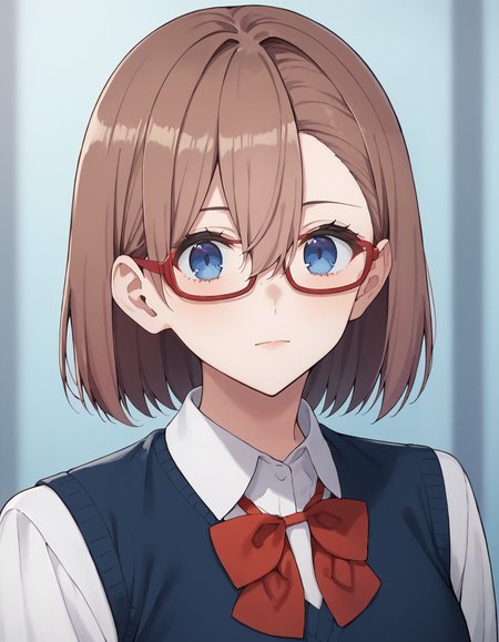 score_9, score_8_up, score_7_up, source_anime,
1girl, solo, looking at viewer, upper body, blurry background, simple background,
lilysa amano, short hair, brown hair, hair between eyes, blue eyes, red eyewear, school uniform, white shirt, collared shirt, red bow, long sleeves, blue sweater vest, grey pleated skirt, 
 <lora:lilysa_amano_liliel_anime_v2-soralz:0.9>