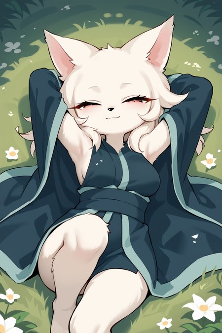 score_9, score_8_up, score_7_up, score_4_up, score_5_up, score_6_up, source_anime, <lora:Heng_Nine_Sols:0.7>, furry, anthro, body fur, white fur, fluffy fur, animal nose, large eyes, narrowed eyes, long eyelashes,  animal ears, medium breasts, grass, looking at viewer
skindentation, kimono, robe, cloak,
(joy, closed eyes, opened mouth, smile, arms up, arms behind head, armpits,, ),