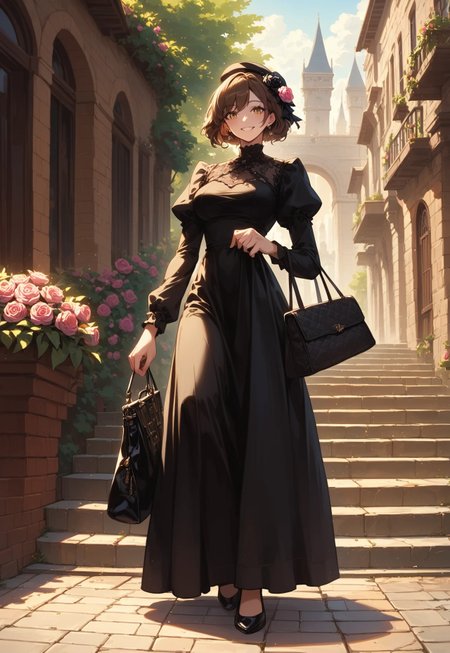 score_9, score_8_up, score_7_up, BREAK, masterpiece, hyper quality, extreme quality, best quality, high quality, extreme detailed, hyper detailed, hyper detailed hair, beautiful eyes, hyper detailed skin,  cinematic lighting, 1girl, arch, bag, black dress, black flower, brick wall, brown hair, building, dress, earrings, flower, full body, gate, hair flower, hair ornament, handbag, hat, hat flower, holding, holding bag, jewelry, long sleeves, looking at viewer, outdoors, pavement, pink rose, puffy sleeves, railing, short hair, smile, solo, stairs, standing, street