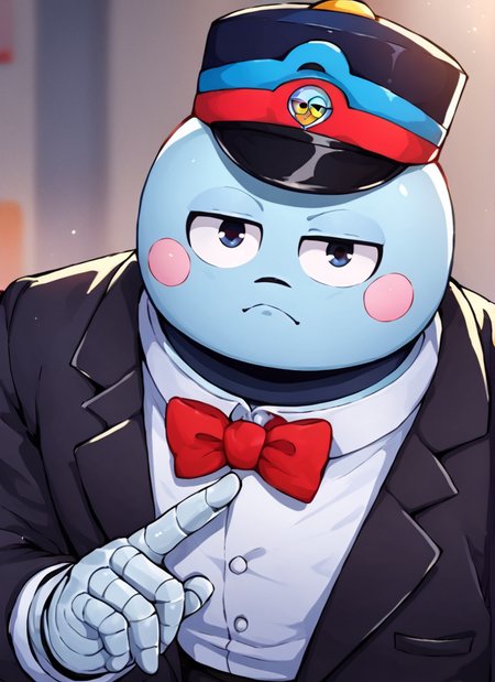 score_9, score_8_up, score_7_up,  <lora:bslou:1>bslou   , 1 boy , robot, black hat , Elegant Hat  , blue body , blush stickers,  red bowtie , black suit , looking at viewer,