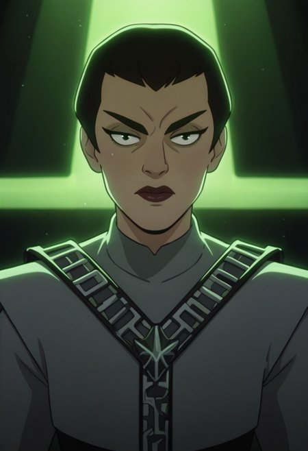 score_8, moody lighting, green lighting, 1girl, romulan, romulan female, brow ridge, sharp eyebrows, romulan ears, romulan uniform,  <lora:Romulan:0.7>