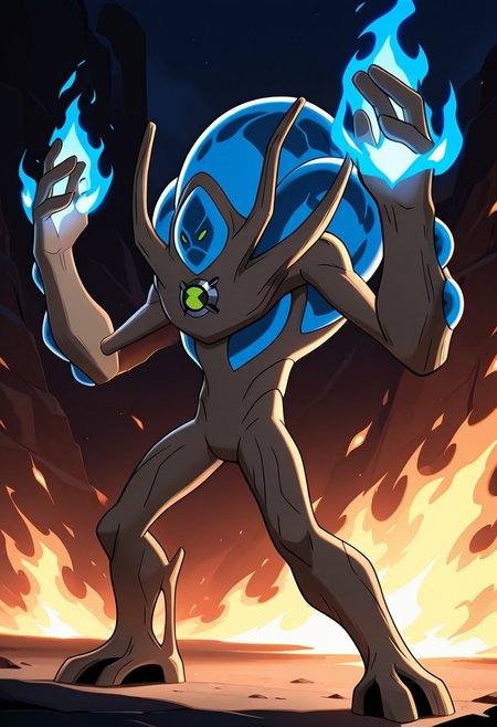 masterpiece, best quality, amazing quality, very aesthetic, absurdres, newest,
,ultswam, standing, pokemon (creature), solo, green eyes, monster, brown skin, alien, massive arms, no humans, 
firebending, blue fire, blue flames, shooting fire, pose,