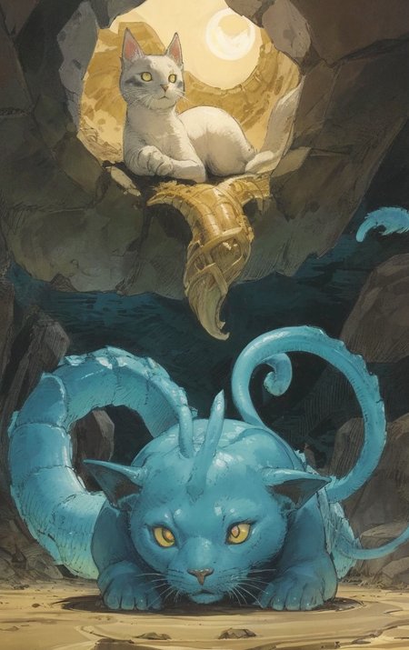 artwork <lora:Moebius:1>, fusion of seal,Wyrm,cat,dwellers of twilight BREAK mythical landscapes, quicksand