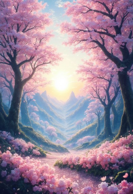 ( Calm spring morning landscape), beautiful view, cherry blossom trees, Sakura Fubuki, A carpet of cherry blossom petals, early morning, sunrise sky, beautiful clouds, dappled sunlight, 
A wonderful waka-like landscape, 
I can see the mountains in the distance, 
depth of field, masterpiece, best quality, ultra-detailed, very aesthetic, illustration, perfect composition, intricate details, absurdres, moody lighting, wisps of light, no humans,