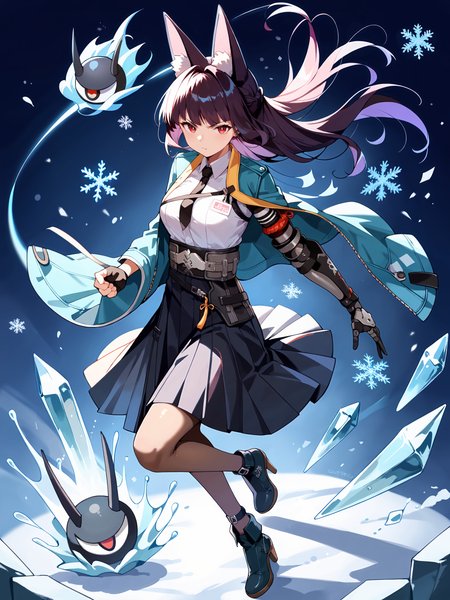 score_9, score_8_up, score_7_up, source_anime, ray tracing, best quality,   <lora:Char-ZZZ-Hoshimi_Miyabi-V1-Pony:1:hr=0.5>, 1girl, hoshimi miyabi, black pantyhose, aqua jacket, single mechanical arm, arm out of sleeve, fingerless gloves, hakama short skirt, white collared shirt, black necktie, ankle boots, anklet, full body, snowflakes, ice, crystal, looking at viewer, floating hair, glaring, midair, fighting stance