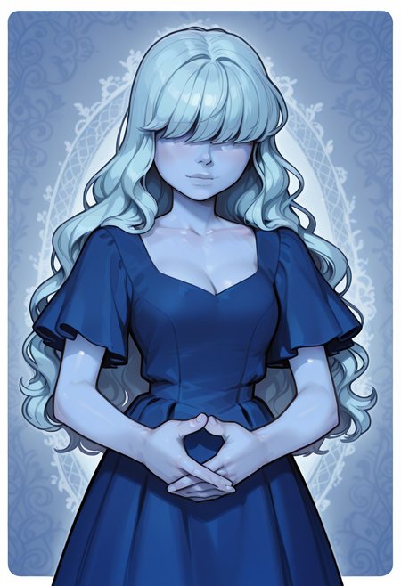 <lora:Sapphire_SU:1>, <lora:IncaseIXL:1>, sapphire, blue dress, large hair, wavy hair, hair bangs over eyes, blue color skin, wallpaper, very aesthetic, perfect hands