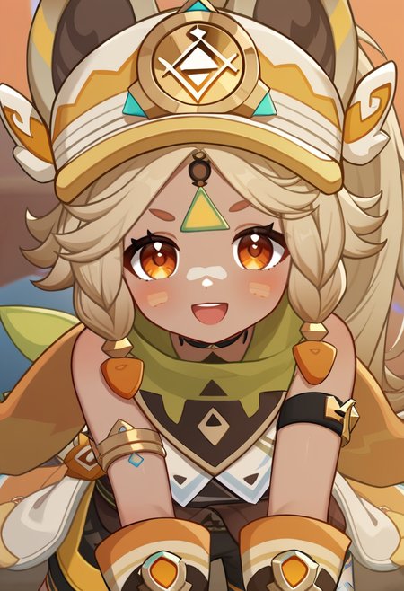 <lora:kachina_(genshin_impact):1>,kachina_(genshin_impact), blush, gloves, :3, bandaid_on_knee, open_mouth, armlet, dark_skin, looking_at_viewer, solo, 1girl, smile, hat, facial_mark, shorts