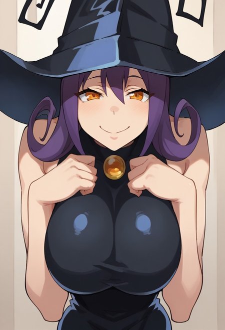 score _9, score_8_up, score_7_up, 1 girl, source_anime, solo, extremely detailed, indoors,
Bl4irSE, purple hair, orange eyes, black hat, black dress, bare shoulders, black gloves, black boots, juggz,
(smiling, naughty face, head tilted), cute face, skinny, hourglass body, thin waist, huge breasts, looking at viewer, leaning forward