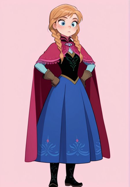 masterpiece, best quality, amazing quality, very aesthetic, absurdres,  newest, simple background, cowboy shot, 
ana, 1girl, solo, braid, twin braids, hands on hips, freckles, cape, boots, blue eyes, gloves, blonde hair, dress, full body, makeup, hair over shoulder
 <lora:Ana_-_Disney_Illustrious:1>