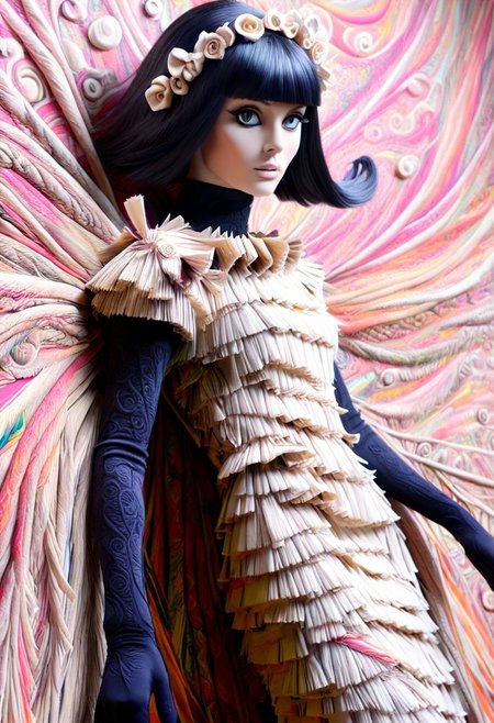 Straw thread, straw, Score_9, score_8_up, score_7_up, (masterpiece),(1character), semi side view, (beautiful:1.4), straw dress, psychedelic swirls, vibrant hues, bold patterns, power fashion, swinging sixties, Retro Vogue Cover, kaleidoscopic dreams. highly intricate, 60s, hyper detailed, photorealistic, (black elbow gloves). Shelia Foster.