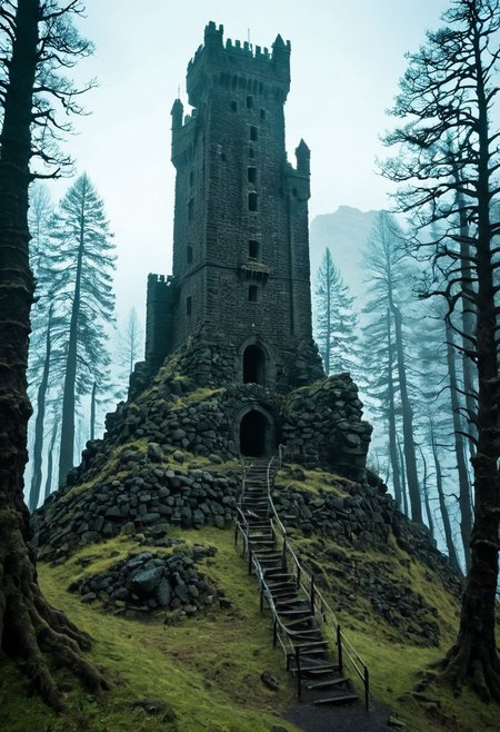 <lora:TheWeirdies_epoch_10:0.78>, epiCPhotoGasm-colorfulPhoto  , advntr ,
score_9, score_8_up, score_7_up, score_6_up
Durlag's Tower was a large tower that was said to be haunted by a powerful entity, as well as one that housed immeasurable treasure. ((game of thrones aesthetic, cinema still from dynamic scene)), The fortress was located south of the Wood of Sharp Teeth, a couple of miles from the small settlement of Gullykin. The tower was built entirely of volcanic stone and was in fair condition given the amount of time and neglect involved. It laid atop a volcanic plug that dominated the surrounding lands. Durlag Trollkiller, aided by hired dwarves, was said to have hollowed out the mountain for the rock that made up his tower and used the space created to hide further treasure. This local landmark was the isolated keep of Durlag Trollkiller, son of Bolhur the Clanless,  Many adventurers sought his treasure over the decades, with varying degrees of success. Around 1372 DR, rumors said a fiend had taken up residence within the remains of the tower and used the defenses created by Durlag to keep both itself and the treasure safe. Some claimed that this creature was a lich.
no humans
((massively large towering fortress, dark woods surround, built of volcanic stone, mountain, dark, ballistas on the battlements))