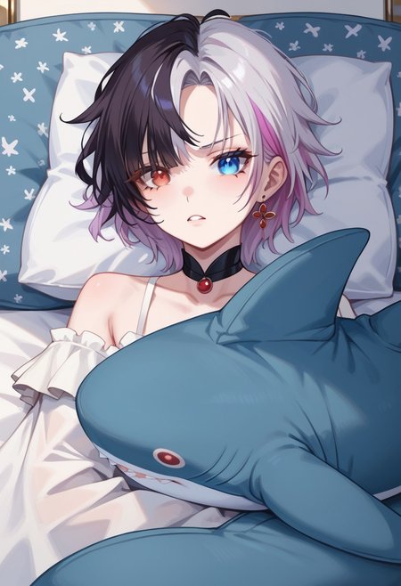 score_9, score_8_up, score_7_up,
masterpiece, best quality, detailed, amazing quality,
detailed background, bedroom, pillows,
detailed eyes, clean eyes, 
solo, 1woman,
dynamic pose, laying on bed,
easynegative,
r1np3nr0s3, two-toned hair, heterochromia, red right eye, blue left eye, lingiere,
blahaj, shark, plush toy, plush animal,