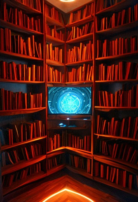 (((High quality, high resolution, extremely detailed, no humans, object focus, bookshelf, cybernetic enhancement embedding smart panels within wooden frames, neutral background, holographic spines displaying titles in flowing script. When accessed, books unfold into 3D projections of their content, complete with animated illustrations and audio narration. Tiny robotic arms organize the shelves autonomously, while glowing LED strips highlight active sections. A faint static charge crackles softly as pages turn digitally. ))) literary innovation, glowing accents, hyper-detailed textures, intellectual charm, futuristic aesthetics, atmospheric serenity. Thoughtful and imaginative, bridging traditional reading with modern tech.
((Background: gradient fading from parchment beige to cool gray, isolating the shelf’s brilliance.))
wm_cyber