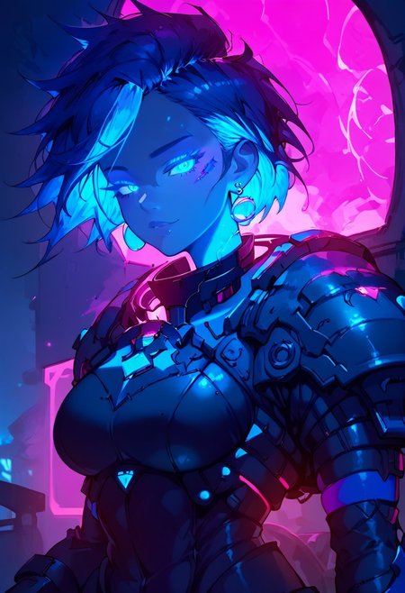 score_9, score_8_up, score_7_up, (((night time, pink lighting)), (dark parking lot), young woman, blues eyes, glowing eyes, detailed face, (seductive expression, looking at viewer), Expressiveh, (blue star earrings), fair skin, large breasts, (multi colored hair, streaked hair, dark blue hair, dark purple hair), (blue colored inner hair), short hair, messy hair, (purple and blue armor, black boots), (street light, car, railing), (depth of field)
