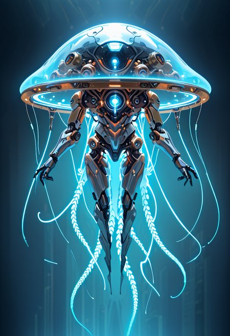 masterpiece, best quality, no humans,   ,<lora:TechJelly_IXL:0.7>,  TechJelly, translucent body, glowing blue tentacles, mechanical core, sleek metal fins, cybernetic implants, high-tech wires, neon-lit cityscape, floating pose, futuristic perspective, electric atmosphere â TechJelly drifts effortlessly through the neon-lit skies of a sprawling cyberpunk city. Its translucent body pulses with soft blue light, the glowing tentacles flowing like liquid electricity, illuminating the darkened alleys below. The sleek metal fins along its sides gleam under the cityâs vibrant lights, and its mechanical core hums with power. High-tech wires extend from its body, snaking through the air, conducting an electric charge. The atmosphere crackles with energy, as the creature moves with both elegance and precision, a perfect fusion of nature and technology. Its floating pose gives it an otherworldly grace, suspended in a world of constant motion.,