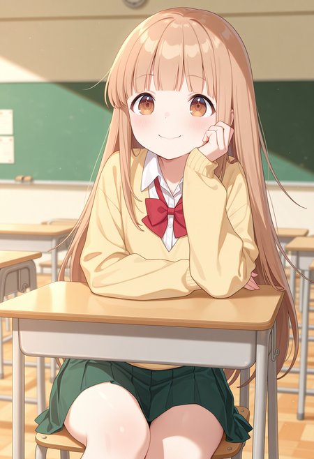 best quality, masterpiece, 1girl, aamiyano, long hair, brown hair, blunt bangs, brown eyes, school uniform, red bowtie, collared shirt, white shirt, yellow sweater, long sleeves, pleated skirt, green skirt, <lora:miyano_(tanakeda)_ilxl_v1:0.9>, arm rest, hand on own cheek, sitting, desk, smile, classroom, on chair,