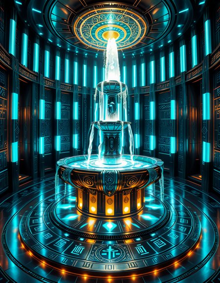 The center of a high-tech, alien temple-laboratory, where dark metallic walls shimmer under the glow of cyan vertical light tubes and faint sacred runes. In the middle of the chamber lies an elaborate biomechanical fountain, rising like an altar from a circular platform of engraved metal. The fountain pulses with iridescent liquid light, flowing in gravity-defying streams that spiral upward before cascading back into a glowing basin etched with ritual patterns. Bioluminescent veins run through the structure, illuminating the surrounding floor like circuitry. Overhead, a radiant, halo-like design casts a celestial glow, enhancing the surreal, sanctified atmosphere. The space exudes a fusion of sacred ceremony and alien technology, as if the fountain were a source of divine power worshipped by another world.
<lora:high-tech_alien_temple_f0unt41n:1>,high-tech alien temple f0unt41n,<lora:SDXLFaeTastic2400:0.4> <lora:extremely_detailed:0.4> extremely detailed, Masterpiece,best quality,hi res,8k,hi res,8k,award winning,(sharp focus, intricate, highly detailed),